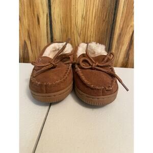 LAMO size 11 faux fur fuzzy slippers suede‎ tan chestnut tie KIDS